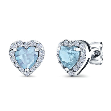 Heart shape Stud Earrings Wedding Simulated Aquamarine CZ 925 Sterling Silver (10mm)